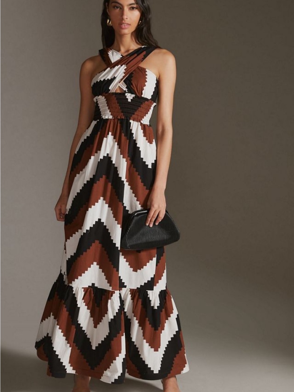 Smocked V-Neck Chevron Maxi Dress in Brown, Black & White